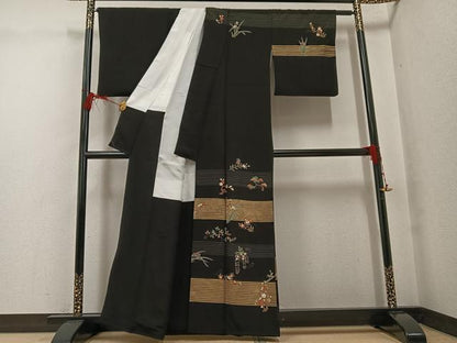 平和屋着物●訪問着　刺繍　草花文　黒地　金彩　正絹　逸品　AABG1077ph
