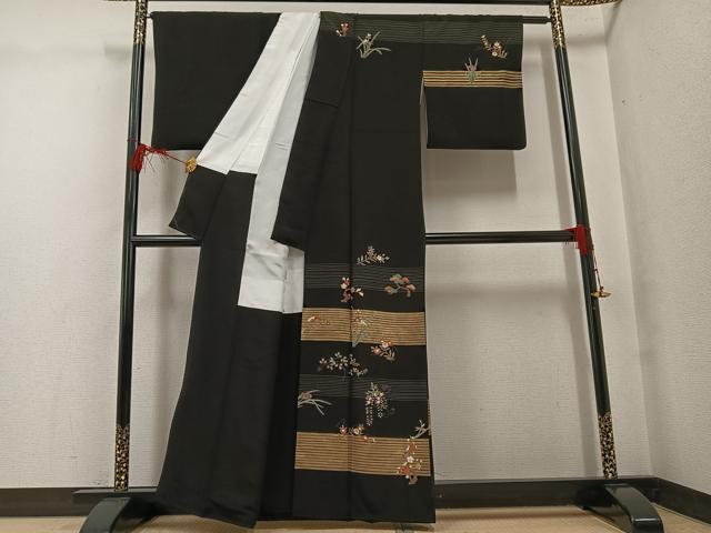 平和屋着物●訪問着　刺繍　草花文　黒地　金彩　正絹　逸品　AABG1077ph