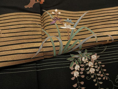 平和屋着物●訪問着　刺繍　草花文　黒地　金彩　正絹　逸品　AABG1077ph