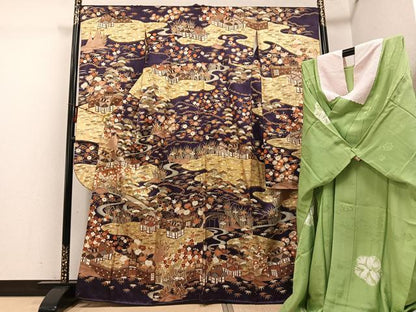 平和屋着物●豪華振袖・長襦袢(無双仕立て)セット　駒刺繍　松竹梅渡り橋風景文　金彩　正絹　逸品　AABG1102ph