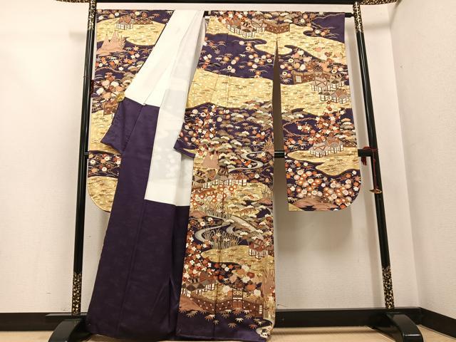 平和屋着物●豪華振袖・長襦袢(無双仕立て)セット　駒刺繍　松竹梅渡り橋風景文　金彩　正絹　逸品　AABG1102ph