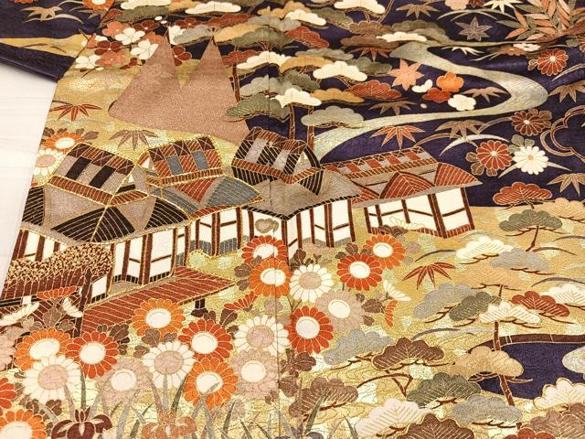 平和屋着物●豪華振袖・長襦袢(無双仕立て)セット　駒刺繍　松竹梅渡り橋風景文　金彩　正絹　逸品　AABG1102ph