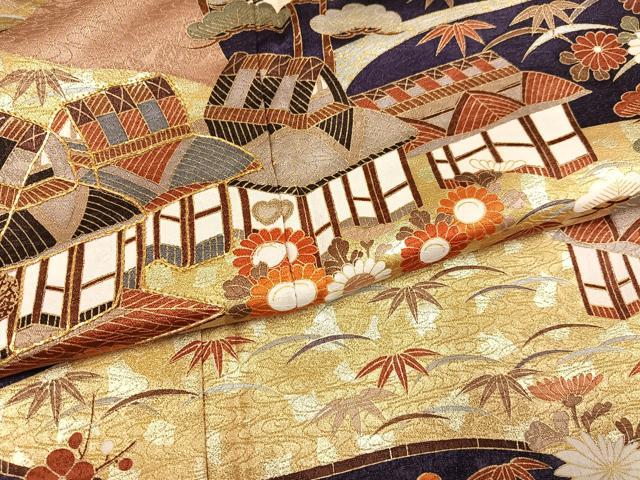平和屋着物●豪華振袖・長襦袢(無双仕立て)セット　駒刺繍　松竹梅渡り橋風景文　金彩　正絹　逸品　AABG1102ph
