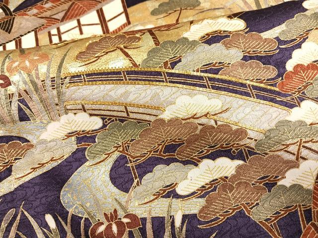 平和屋着物●豪華振袖・長襦袢(無双仕立て)セット　駒刺繍　松竹梅渡り橋風景文　金彩　正絹　逸品　AABG1102ph