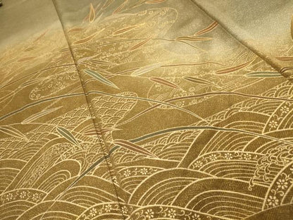 平和屋着物■訪問着　駒刺繍　流水草花文　暈し染め　金彩　正絹　逸品　AABG1130sx