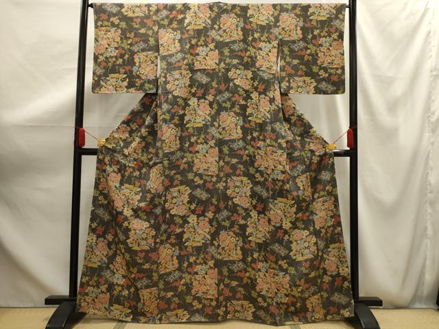 平和屋着物■上質な小紋　花鳥文　黒地　正絹　逸品　AABG1164sx