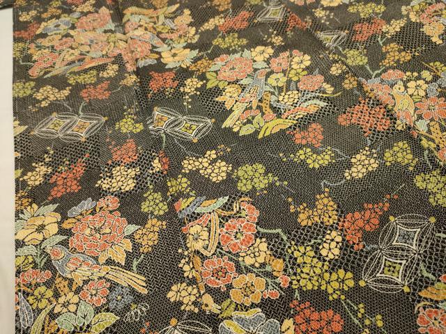 平和屋着物■上質な小紋　花鳥文　黒地　正絹　逸品　AABG1164sx