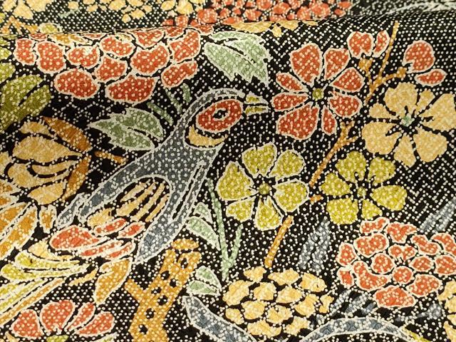 平和屋着物■上質な小紋　花鳥文　黒地　正絹　逸品　AABG1164sx