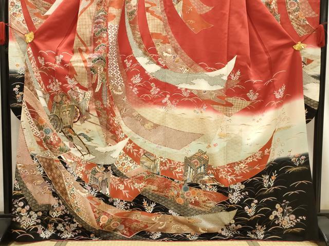 平和屋着物■豪華振袖　駒刺繍　鬘帯御所車花文　暈し染め　金彩　正絹　逸品　AABG1182sx