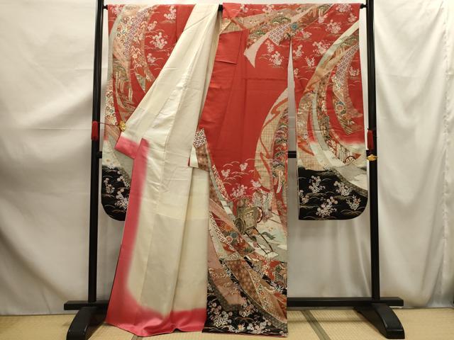 平和屋着物■豪華振袖　駒刺繍　鬘帯御所車花文　暈し染め　金彩　正絹　逸品　AABG1182sx
