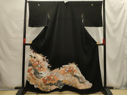 平和屋着物■豪華黒留袖　駒刺繍　松竹梅飛鶴花車文　金彩　正絹　逸品　AABG1189sx