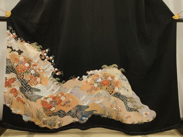 平和屋着物■豪華黒留袖　駒刺繍　松竹梅飛鶴花車文　金彩　正絹　逸品　AABG1189sx