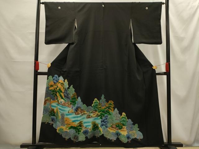 平和屋着物■豪華黒留袖　駒刺繍　風景文　金彩　正絹　逸品　AABG1211sx