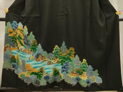 平和屋着物■豪華黒留袖　駒刺繍　風景文　金彩　正絹　逸品　AABG1211sx