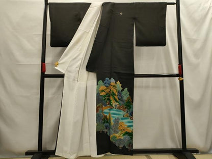 平和屋着物■豪華黒留袖　駒刺繍　風景文　金彩　正絹　逸品　AABG1211sx