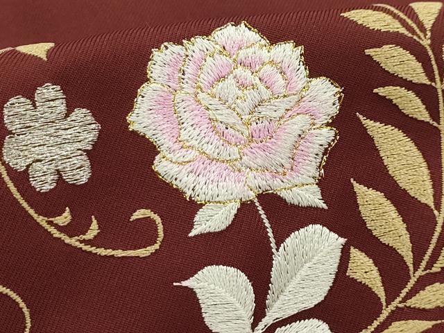平和屋着物●女性　行灯袴　刺繍　花唐草文　小豆色　金銀糸　洗える着物　AABG1332sx