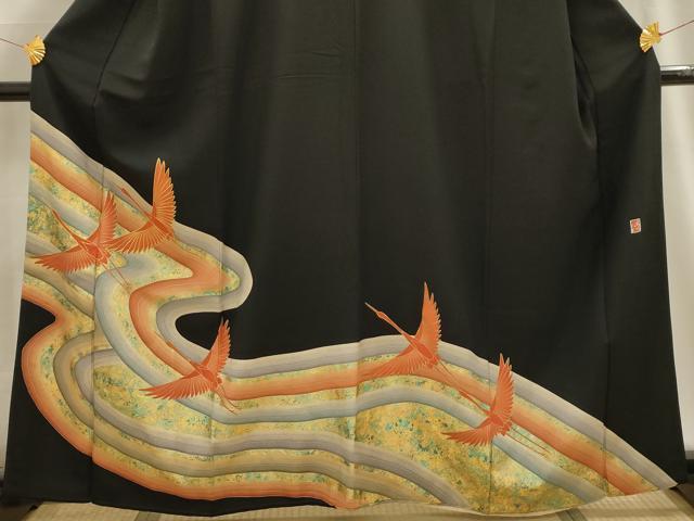 平和屋着物■豪華黒留袖 作家物 刺繍 流水飛鶴文 金銀彩 金糸 正絹 逸品 AABG1425sx