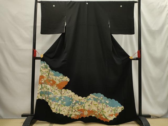 平和屋着物■豪華黒留袖 刺繍 雲取り枝花文 金糸 金彩 正絹 逸品 AABG1427sx