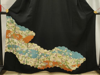 平和屋着物■豪華黒留袖 刺繍 雲取り枝花文 金糸 金彩 正絹 逸品 AABG1427sx