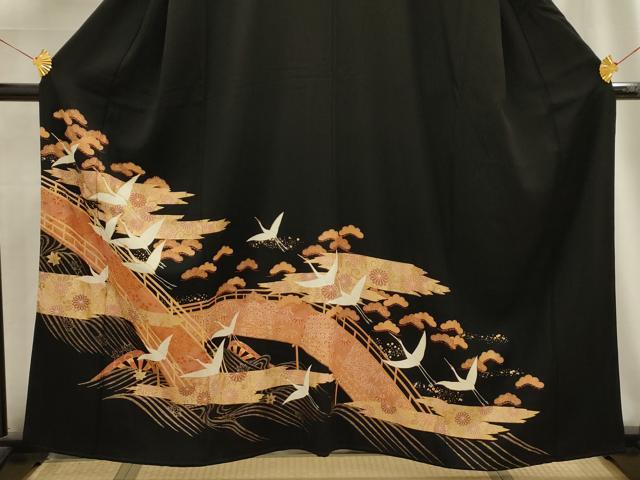 平和屋着物■豪華黒留袖　駒刺繍　松竹梅　飛鶴文　金彩　正絹　逸品　AABG1460sx