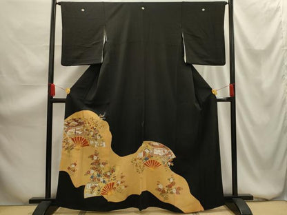 平和屋着物■豪華黒留袖　駒刺繍　扇面風景文　金彩　正絹　逸品　AABG1465sx