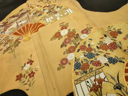 平和屋着物■豪華黒留袖　駒刺繍　扇面風景文　金彩　正絹　逸品　AABG1465sx