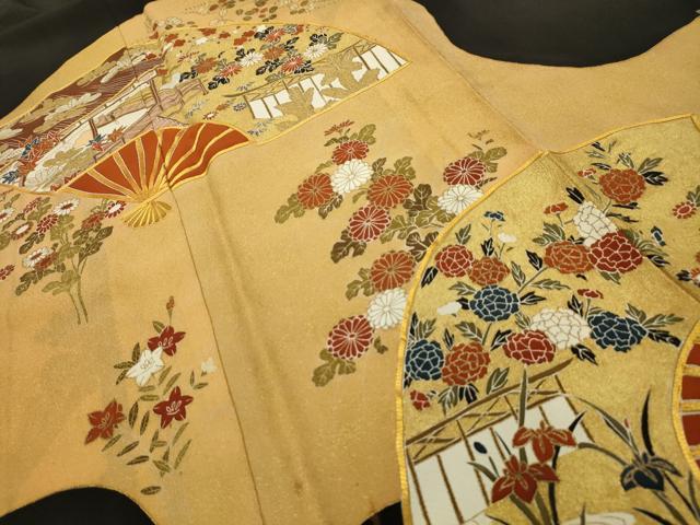 平和屋着物■豪華黒留袖　駒刺繍　扇面風景文　金彩　正絹　逸品　AABG1465sx