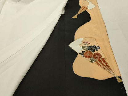 平和屋着物■豪華黒留袖　駒刺繍　扇面風景文　金彩　正絹　逸品　AABG1465sx
