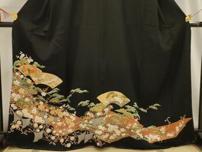 平和屋着物■豪華色留袖　地紙重ね飛鶴花文　金彩　正絹　逸品　AABG1499sx
