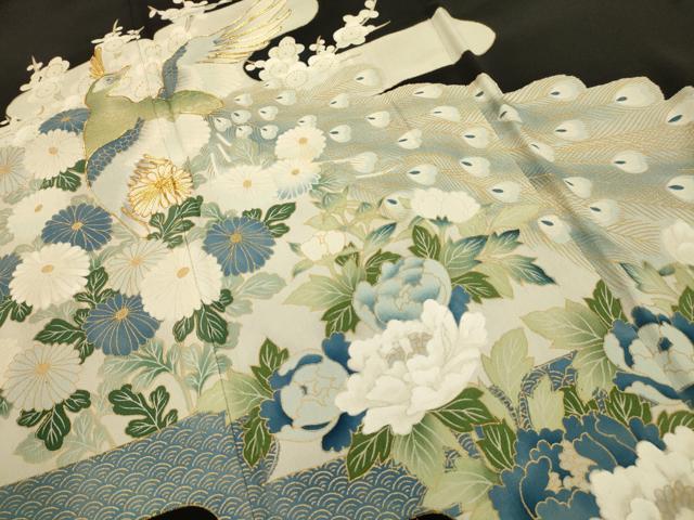 平和屋着物■豪華黒留袖　駒刺繍　霞取孔雀花文　金彩　正絹　逸品　AABG1516sx