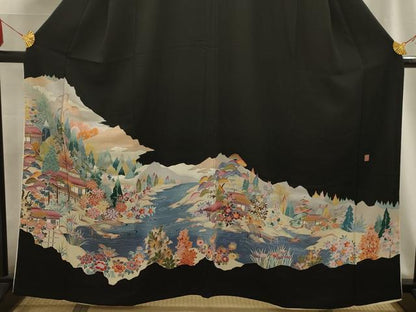平和屋着物■豪華黒留袖　友禅　作家物　風景文　正絹　逸品　AABG1520sx
