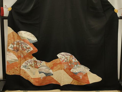 平和屋着物■豪華黒留袖 扇面風景花文 金彩 正絹 逸品 AABG1555sx
