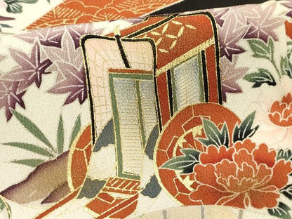 平和屋着物■豪華黒留袖 扇面風景花文 金彩 正絹 逸品 AABG1555sx