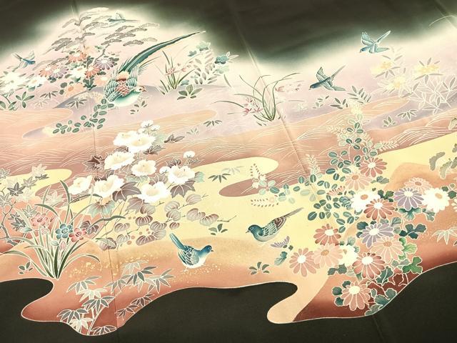 平和屋着物■豪華黒留袖　花鳥文　暈し染め　金彩　正絹　逸品　AABG1639fy