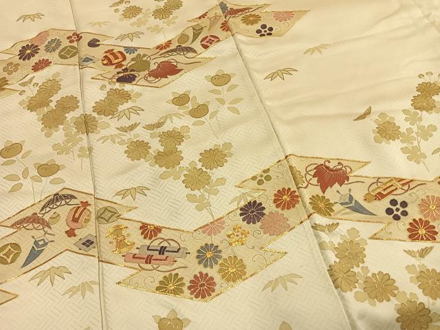 平和屋着物■豪華色留袖　駒刺繍　草花文　宝尽くし　金彩　正絹　逸品　AABG1669fy