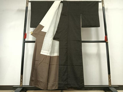 平和屋着物■上質な紬　井桁文様　黒地　正絹　逸品　AABG1704fy