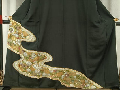 平和屋着物■豪華黒留袖　駒刺繍　流水花文　金銀彩　正絹　逸品　AABG1723fy