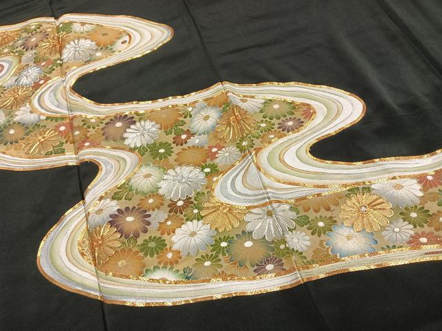 平和屋着物■豪華黒留袖　駒刺繍　流水花文　金銀彩　正絹　逸品　AABG1723fy