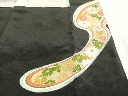 平和屋着物■豪華黒留袖　駒刺繍　流水花文　金銀彩　正絹　逸品　AABG1723fy