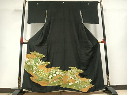 平和屋着物■豪華黒留袖　駒刺繍　花鳥文　金糸　金彩　正絹　逸品　AABG1724fy