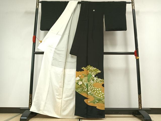 平和屋着物■豪華黒留袖　駒刺繍　花鳥文　金糸　金彩　正絹　逸品　AABG1724fy