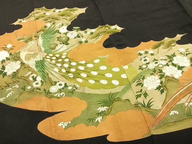 平和屋着物■豪華黒留袖　駒刺繍　花鳥文　金糸　金彩　正絹　逸品　AABG1724fy