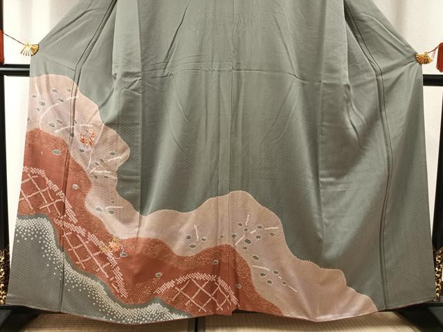 平和屋着物■訪問着 駒刺繍 絞り 雪輪花文 金彩 正絹 逸品 AABG1765fy