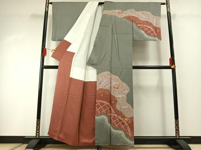 平和屋着物■訪問着 駒刺繍 絞り 雪輪花文 金彩 正絹 逸品 AABG1765fy