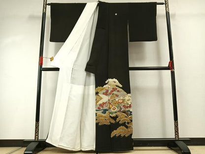 平和屋着物■豪華黒留袖　駒刺繍　花鳥文　暈し染め　金彩　正絹　逸品　AABG1766fy