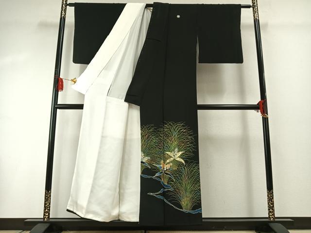 平和屋着物■豪華黒留袖 駒刺繍 草花文 正絹 逸品 AABG1768fy