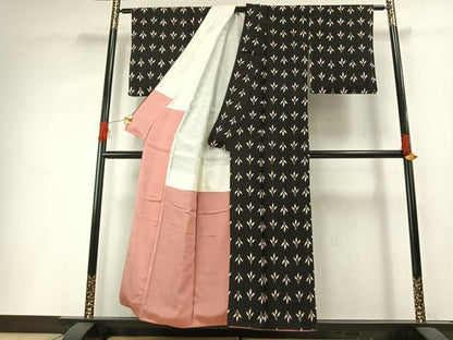 平和屋着物■上質な小紋　草葉文　黒地　正絹　逸品　AABG1855fy