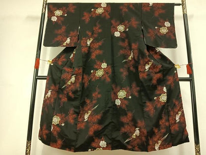 平和屋着物■上質なお召 花鳥文 黒地 正絹 逸品 AABG1860fy