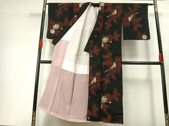 平和屋着物■上質なお召 花鳥文 黒地 正絹 逸品 AABG1860fy
