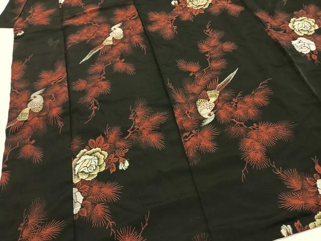 平和屋着物■上質なお召 花鳥文 黒地 正絹 逸品 AABG1860fy